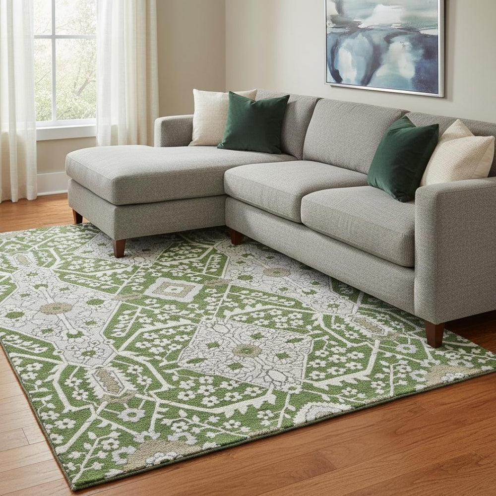 HomeRoots 9' X 12' Green Ivory Gray Floral Area Rug - Washable, UV Protected, Durable for Family Spaces 668520