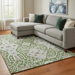 HomeRoots 9' X 12' Green Ivory Gray Floral Area Rug - Washable, UV Protected, Durable for Family Spaces 668520