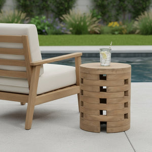 HomeRoots 14" Natural Rounded Solid Wood Side Table – Elegant Acacia Design for Outdoor Patios & Balconies 668521