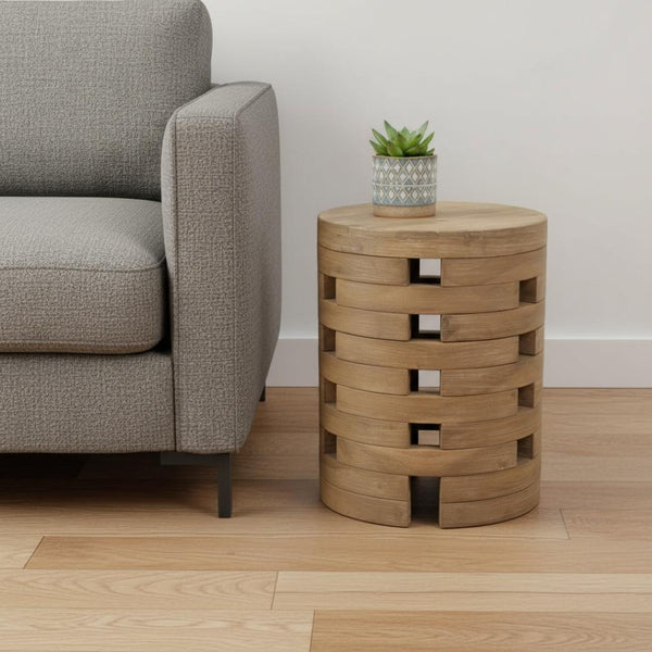 HomeRoots 14" Natural Rounded Solid Wood Side Table – Elegant Acacia Design for Outdoor Patios & Balconies 668521