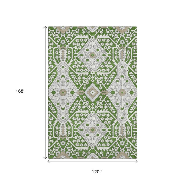 HomeRoots 10' X 14' Elegant Green Ivory Gray Floral Washable Area Rug with UV Protection for High-Traffic Spaces 668522