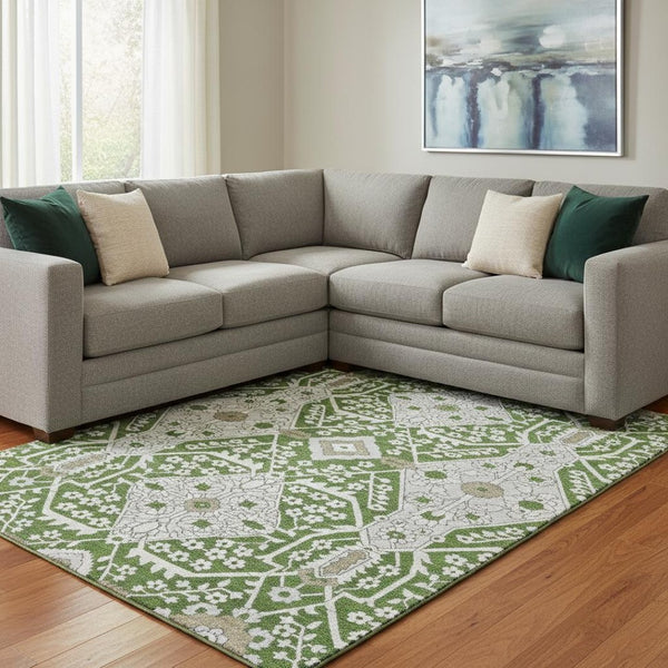 HomeRoots 10' X 14' Elegant Green Ivory Gray Floral Washable Area Rug with UV Protection for High-Traffic Spaces 668522