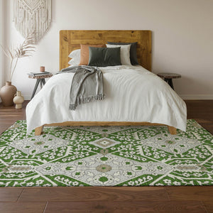 HomeRoots 10' X 14' Elegant Green Ivory Gray Floral Washable Area Rug with UV Protection for High-Traffic Spaces 668522