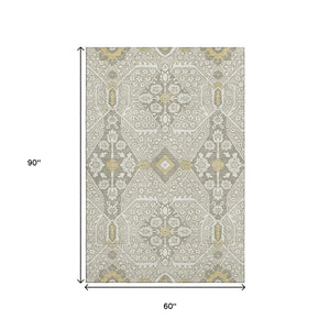 HomeRoots 5' X 8' Elegant Ivory Gold Gray Floral Area Rug – Washable, UV-Protected, Durable for High-Traffic Homes 668526