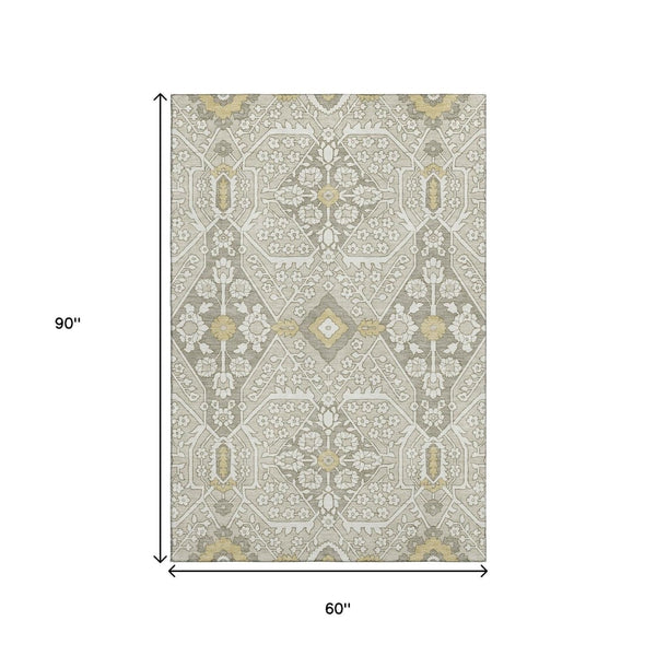 HomeRoots 5' X 8' Elegant Ivory Gold Gray Floral Area Rug – Washable, UV-Protected, Durable for High-Traffic Homes 668526