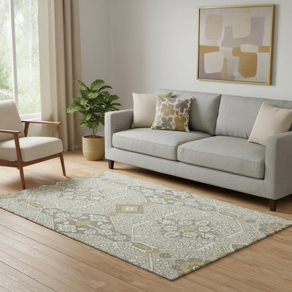 HomeRoots 5' X 8' Elegant Ivory Gold Gray Floral Area Rug – Washable, UV-Protected, Durable for High-Traffic Homes 668526