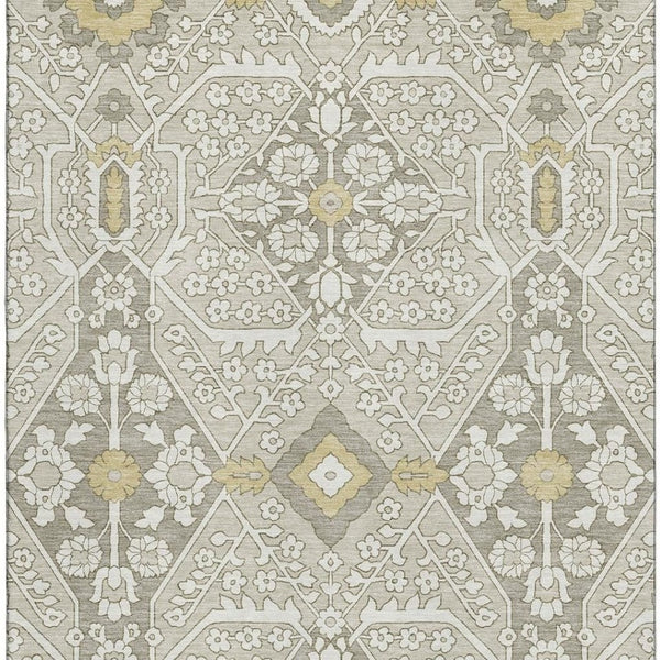 HomeRoots 5' X 8' Elegant Ivory Gold Gray Floral Area Rug – Washable, UV-Protected, Durable for High-Traffic Homes 668526