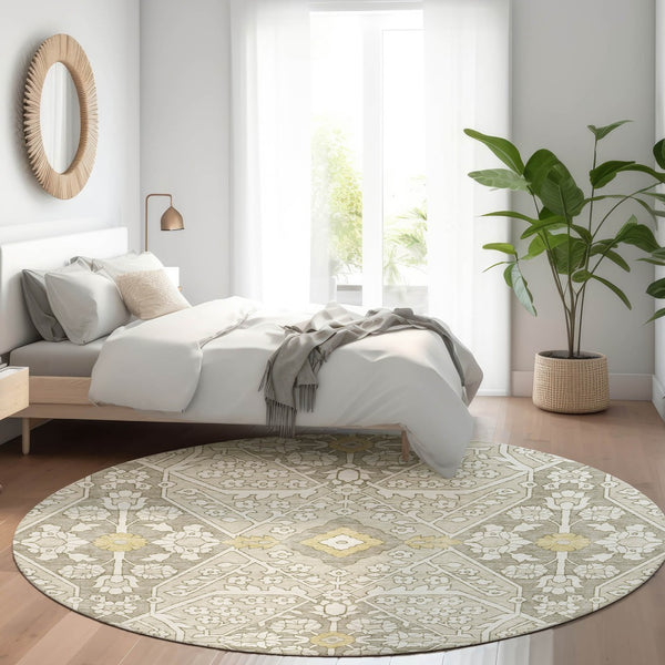 HomeRoots 8' Ivory Gold and Gray Floral Washable Round Rug - UV Protected, Stain Resistant, Durable Design! 668528