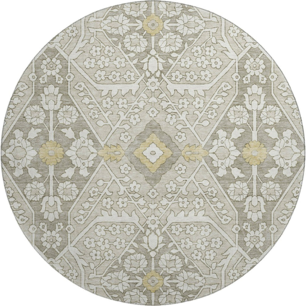 HomeRoots 8' Ivory Gold and Gray Floral Washable Round Rug - UV Protected, Stain Resistant, Durable Design! 668528