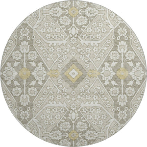 HomeRoots 8' Ivory Gold and Gray Floral Washable Round Rug - UV Protected, Stain Resistant, Durable Design! 668528