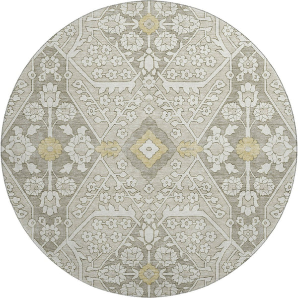HomeRoots 8' Ivory Gold and Gray Floral Washable Round Rug - UV Protected, Stain Resistant, Durable Design! 668528