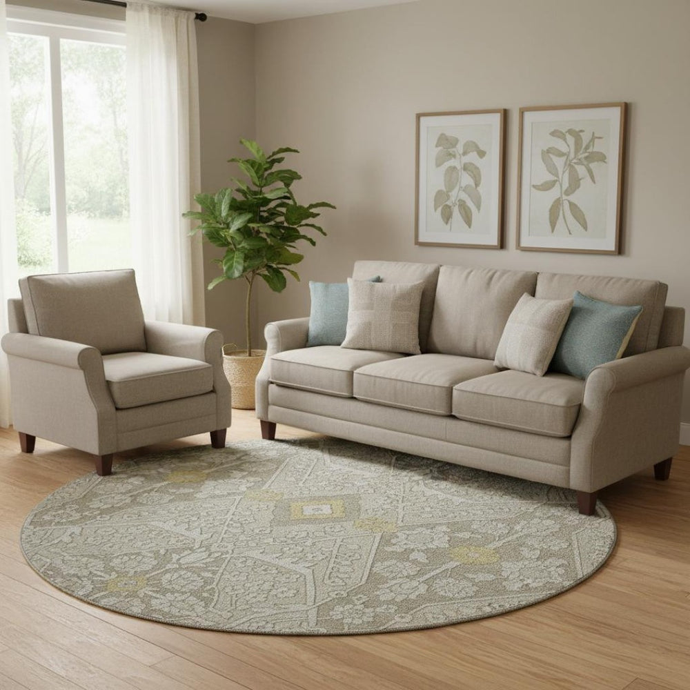 HomeRoots 8' Ivory Gold and Gray Floral Washable Round Rug - UV Protected, Stain Resistant, Durable Design! 668528