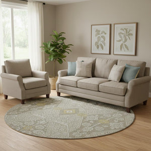 HomeRoots 8' Ivory Gold and Gray Floral Washable Round Rug - UV Protected, Stain Resistant, Durable Design! 668528
