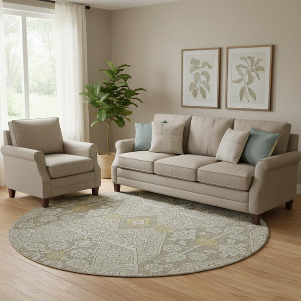 HomeRoots 8' Ivory Gold and Gray Floral Washable Round Rug - UV Protected, Stain Resistant, Durable Design! 668528