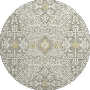 HomeRoots 8' Ivory Gold and Gray Floral Washable Round Rug - UV Protected, Stain Resistant, Durable Design! 668528
