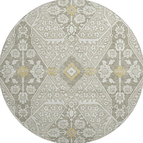 HomeRoots 8' Ivory Gold and Gray Floral Washable Round Rug - UV Protected, Stain Resistant, Durable Design! 668528