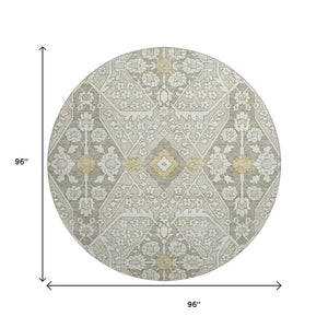 HomeRoots 8' Ivory Gold and Gray Floral Washable Round Rug - UV Protected, Stain Resistant, Durable Design! 668528