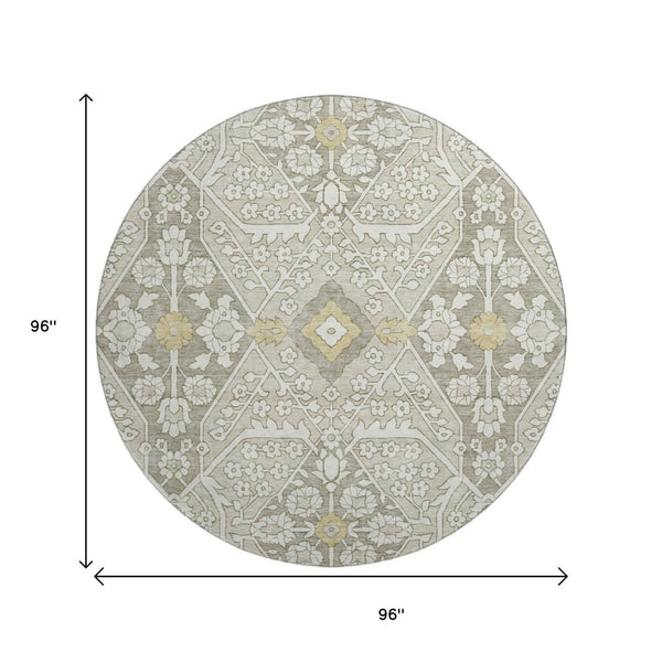 HomeRoots 8' Ivory Gold and Gray Floral Washable Round Rug - UV Protected, Stain Resistant, Durable Design! 668528