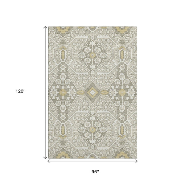 HomeRoots 8' X 10' Elegant Ivory Gold Gray Floral Area Rug - Washable, Stain-Resistant, UV Protected Design! 668530
