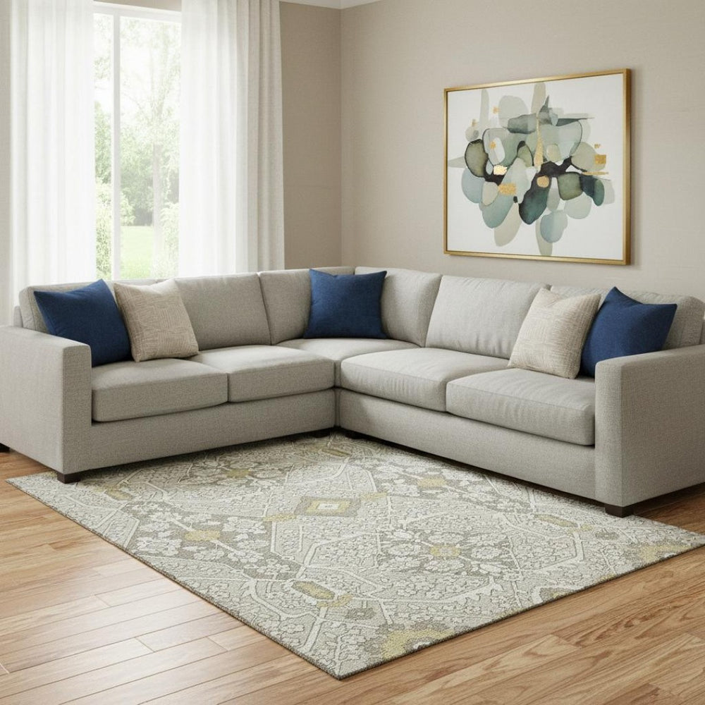 HomeRoots 8' X 10' Elegant Ivory Gold Gray Floral Area Rug - Washable, Stain-Resistant, UV Protected Design! 668530