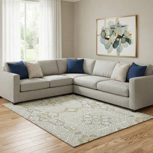 HomeRoots 8' X 10' Elegant Ivory Gold Gray Floral Area Rug - Washable, Stain-Resistant, UV Protected Design! 668530