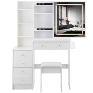 English Elm 37" Stylish Vanity Table Set With Cushioned Stool, Led Mirror, Usb Ports & Hair Dryer Stand - Perfect For Modern Bedrooms! W936P224319