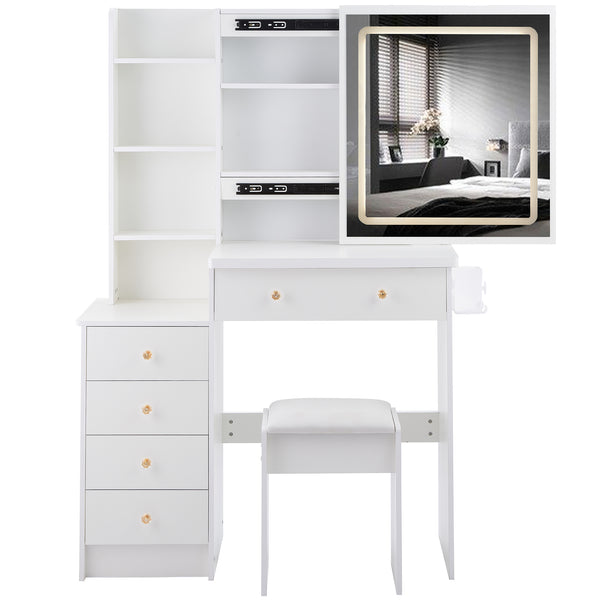 English Elm 37" Stylish Vanity Table Set With Cushioned Stool, Led Mirror, Usb Ports & Hair Dryer Stand - Perfect For Modern Bedrooms! W936P224319