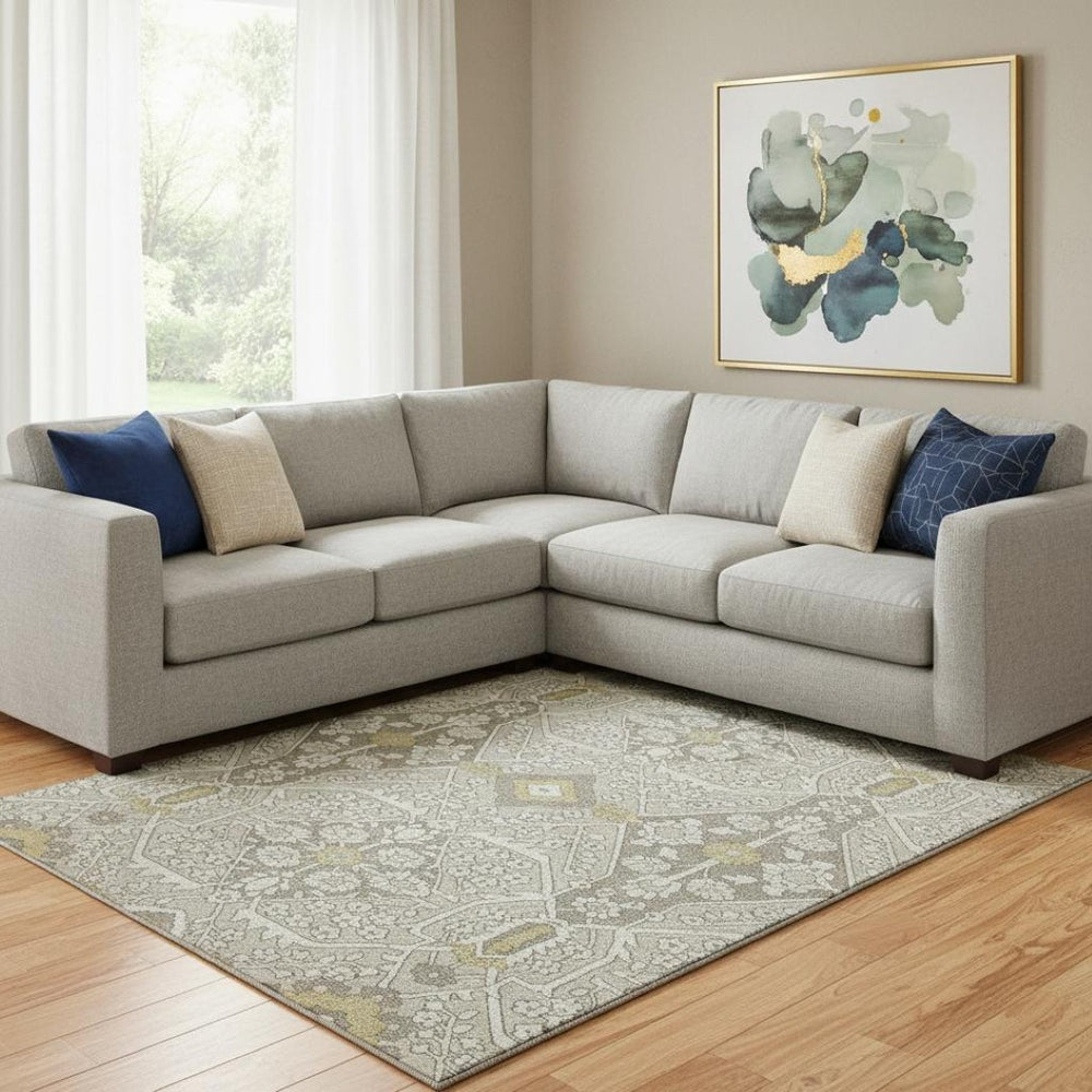 HomeRoots 9' X 12' Ivory Floral Area Rug with Gold & Gray Accents – Washable, UV Protected, Stain-Resistant Design 668532