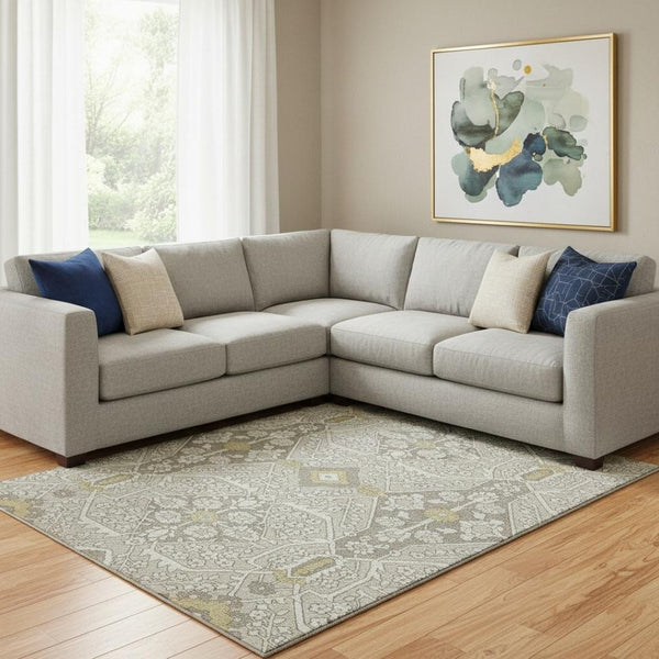 HomeRoots 9' X 12' Ivory Floral Area Rug with Gold & Gray Accents – Washable, UV Protected, Stain-Resistant Design 668532