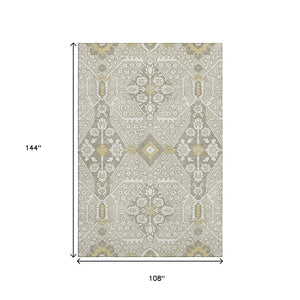 HomeRoots 9' X 12' Ivory Floral Area Rug with Gold & Gray Accents – Washable, UV Protected, Stain-Resistant Design 668532