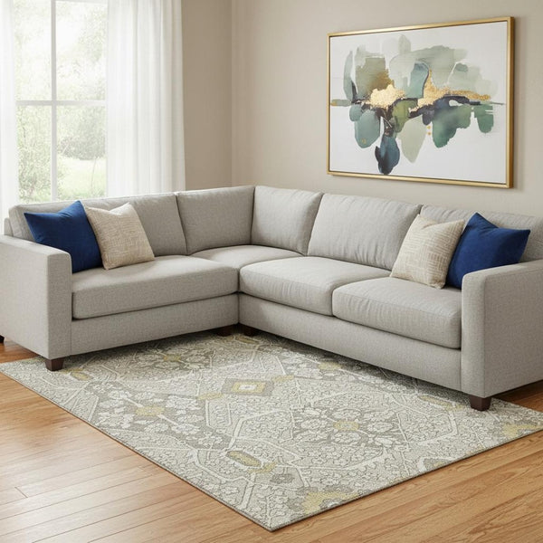 HomeRoots 10' X 14' Ivory Gold Floral Area Rug - Durable, Stain-Resistant, UV Protected for Elegant Spaces 668534