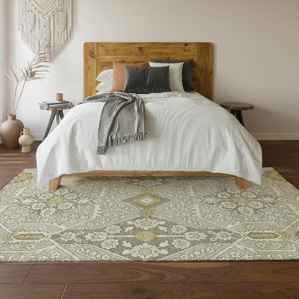 HomeRoots 10' X 14' Ivory Gold Floral Area Rug - Durable, Stain-Resistant, UV Protected for Elegant Spaces 668534