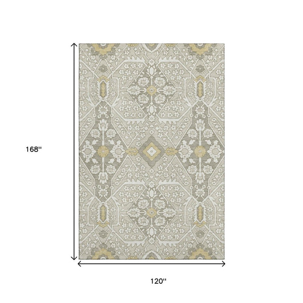 HomeRoots 10' X 14' Ivory Gold Floral Area Rug - Durable, Stain-Resistant, UV Protected for Elegant Spaces 668534