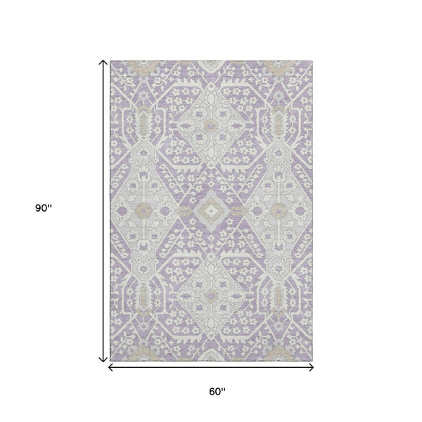 HomeRoots 5' X 8' Elegant Lavender Gray Floral Area Rug - Washable, UV Protected, Stain-Resistant, Durable Design 668538