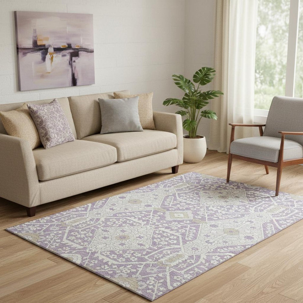 HomeRoots 5' X 8' Elegant Lavender Gray Floral Area Rug - Washable, UV Protected, Stain-Resistant, Durable Design 668538
