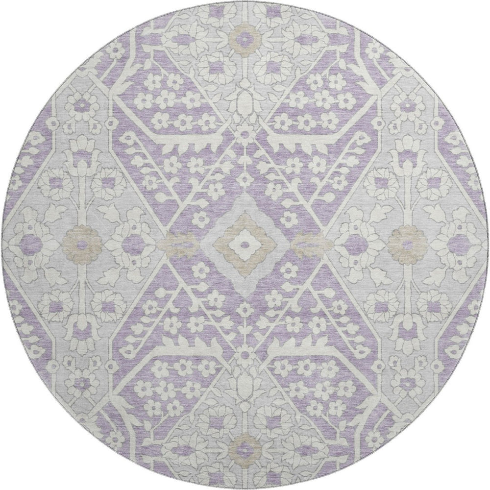 HomeRoots 8' Elegant Lavender Gray and Beige Floral Washable Round Rug with UV Protection for Busy Homes 668540