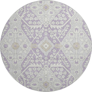 HomeRoots 8' Elegant Lavender Gray and Beige Floral Washable Round Rug with UV Protection for Busy Homes 668540
