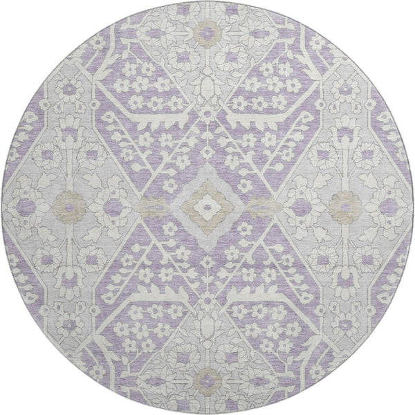 HomeRoots 8' Elegant Lavender Gray and Beige Floral Washable Round Rug with UV Protection for Busy Homes 668540