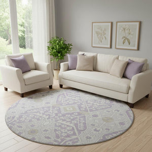 HomeRoots 8' Elegant Lavender Gray and Beige Floral Washable Round Rug with UV Protection for Busy Homes 668540