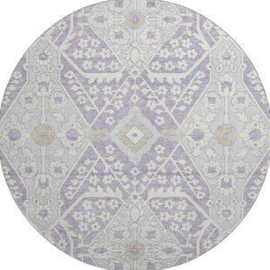 HomeRoots 8' Elegant Lavender Gray and Beige Floral Washable Round Rug with UV Protection for Busy Homes 668540