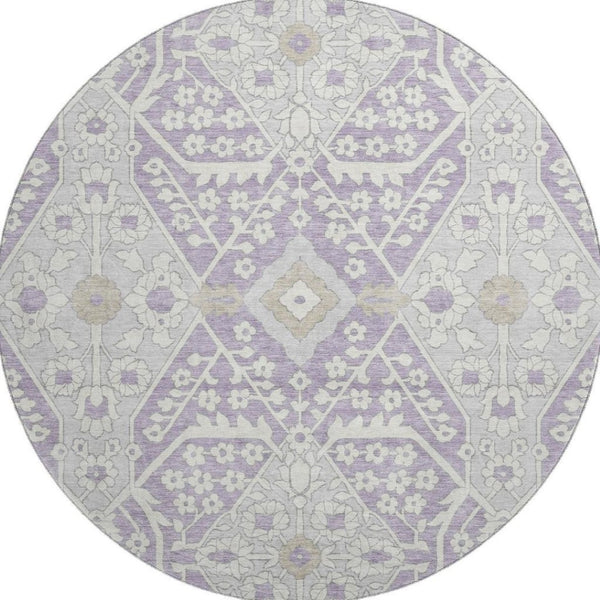 HomeRoots 8' Elegant Lavender Gray and Beige Floral Washable Round Rug with UV Protection for Busy Homes 668540