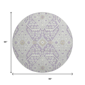 HomeRoots 8' Elegant Lavender Gray and Beige Floral Washable Round Rug with UV Protection for Busy Homes 668540