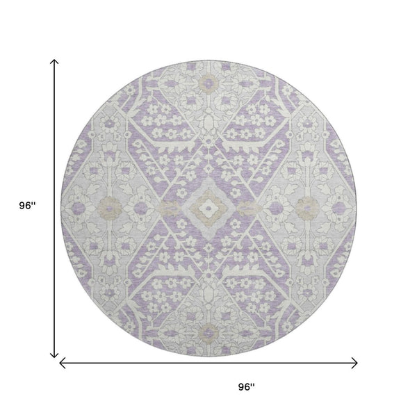 HomeRoots 8' Elegant Lavender Gray and Beige Floral Washable Round Rug with UV Protection for Busy Homes 668540