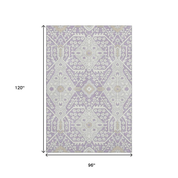 HomeRoots 8' X 10' Elegant Floral Area Rug in Lavender Gray & Beige - Washable, UV Protected, Stain Resistant 668542