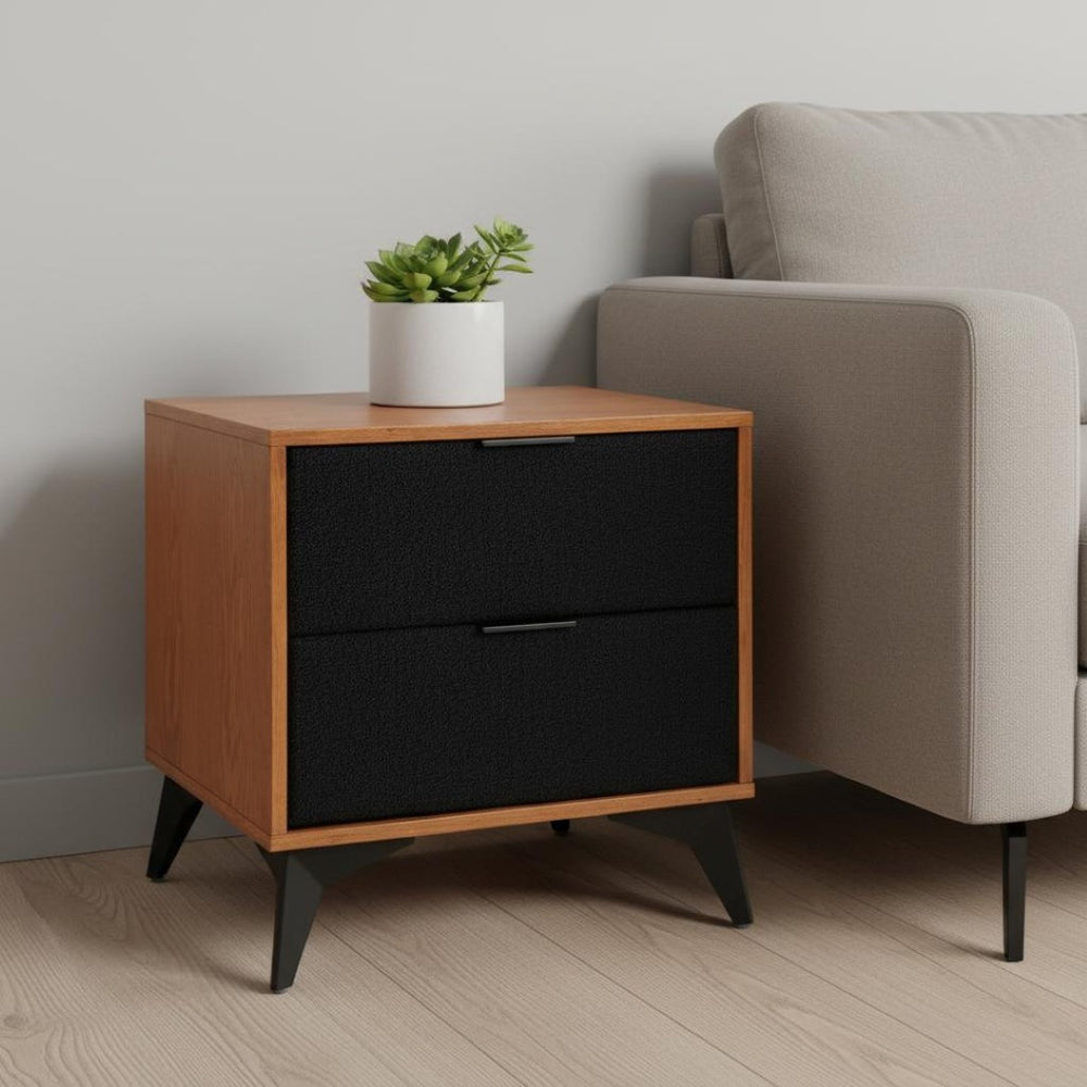 HomeRoots 21" Walnut Nightstand with Steel Accents - Modern 2-Drawer Bedside Table for Stylish Storage Solutions 668547