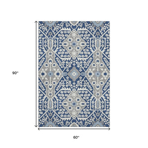 HomeRoots 5' X 8' Floral Washable Area Rug in Navy, Gray & Ivory - Durable, UV Protected for Family Homes 668550