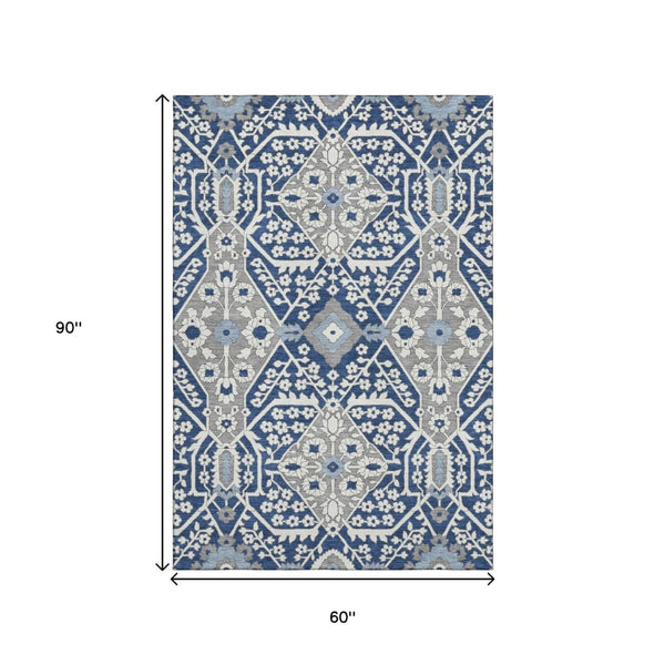 HomeRoots 5' X 8' Floral Washable Area Rug in Navy, Gray & Ivory - Durable, UV Protected for Family Homes 668550