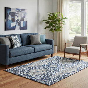HomeRoots 5' X 8' Floral Washable Area Rug in Navy, Gray & Ivory - Durable, UV Protected for Family Homes 668550