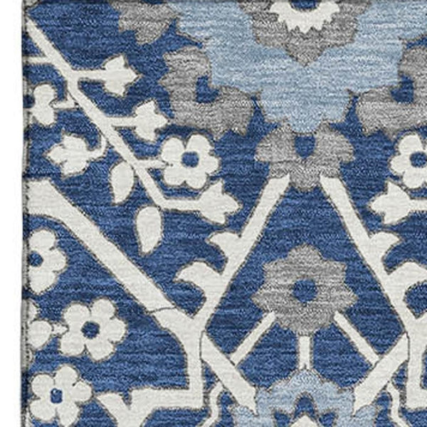 HomeRoots 5' X 8' Floral Washable Area Rug in Navy, Gray & Ivory - Durable, UV Protected for Family Homes 668550