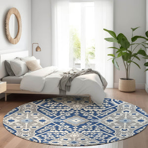 HomeRoots 8' Navy Blue Floral Round Rug - Washable, UV-Protected, Durable, Perfect for Homes with Kids & Pets 668552